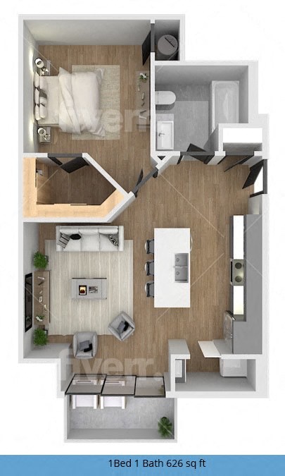 a 1 bedroom floor plan with a bathroom and a bedroom